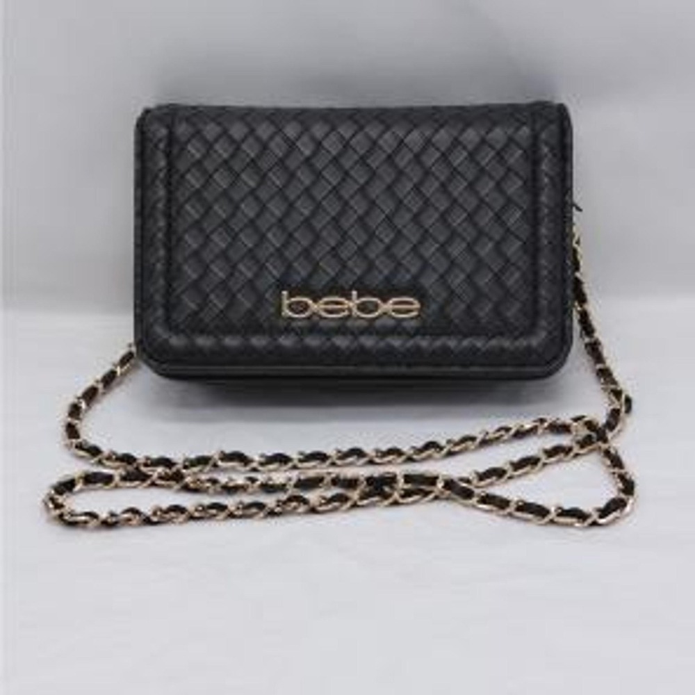Bebe Woven Crossbody Bag with Matching Card Holder Black Gold Chain Strap NEW - Picture 5 of 6